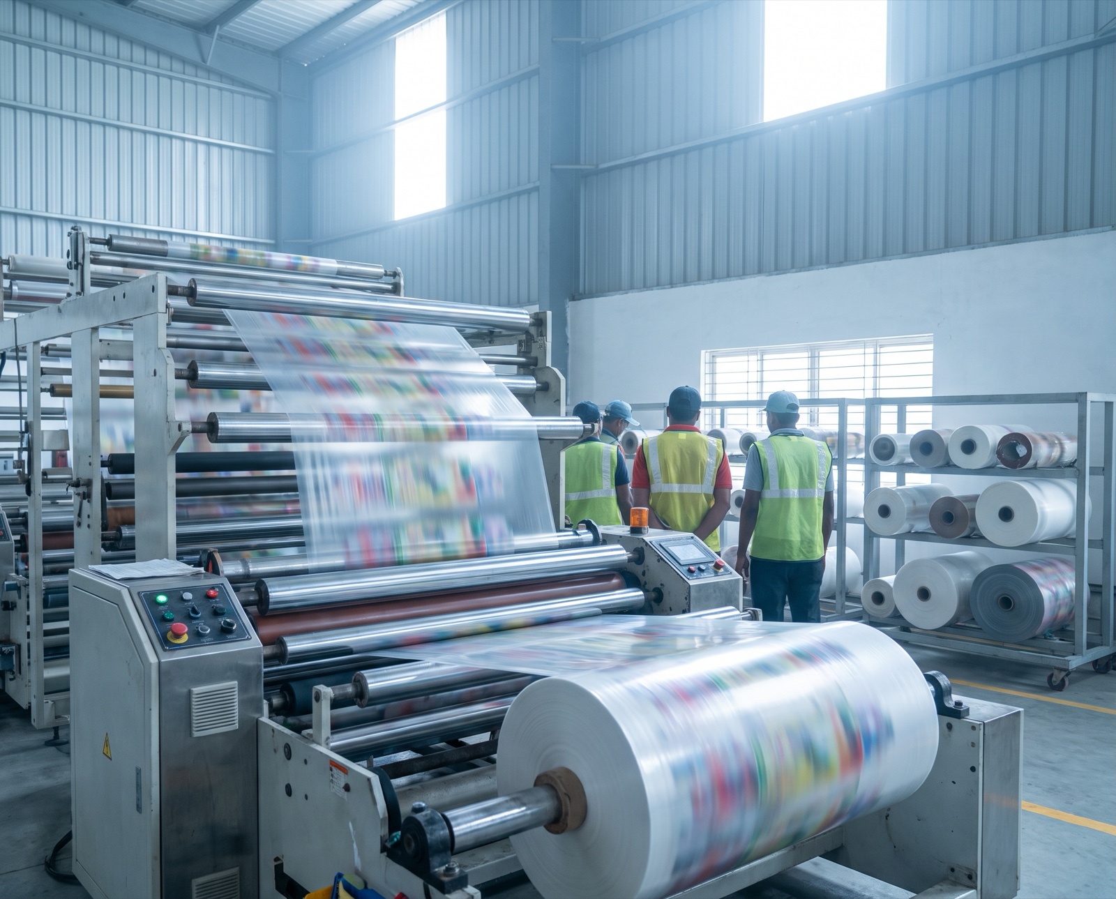 Printed film running through a shrink film production line