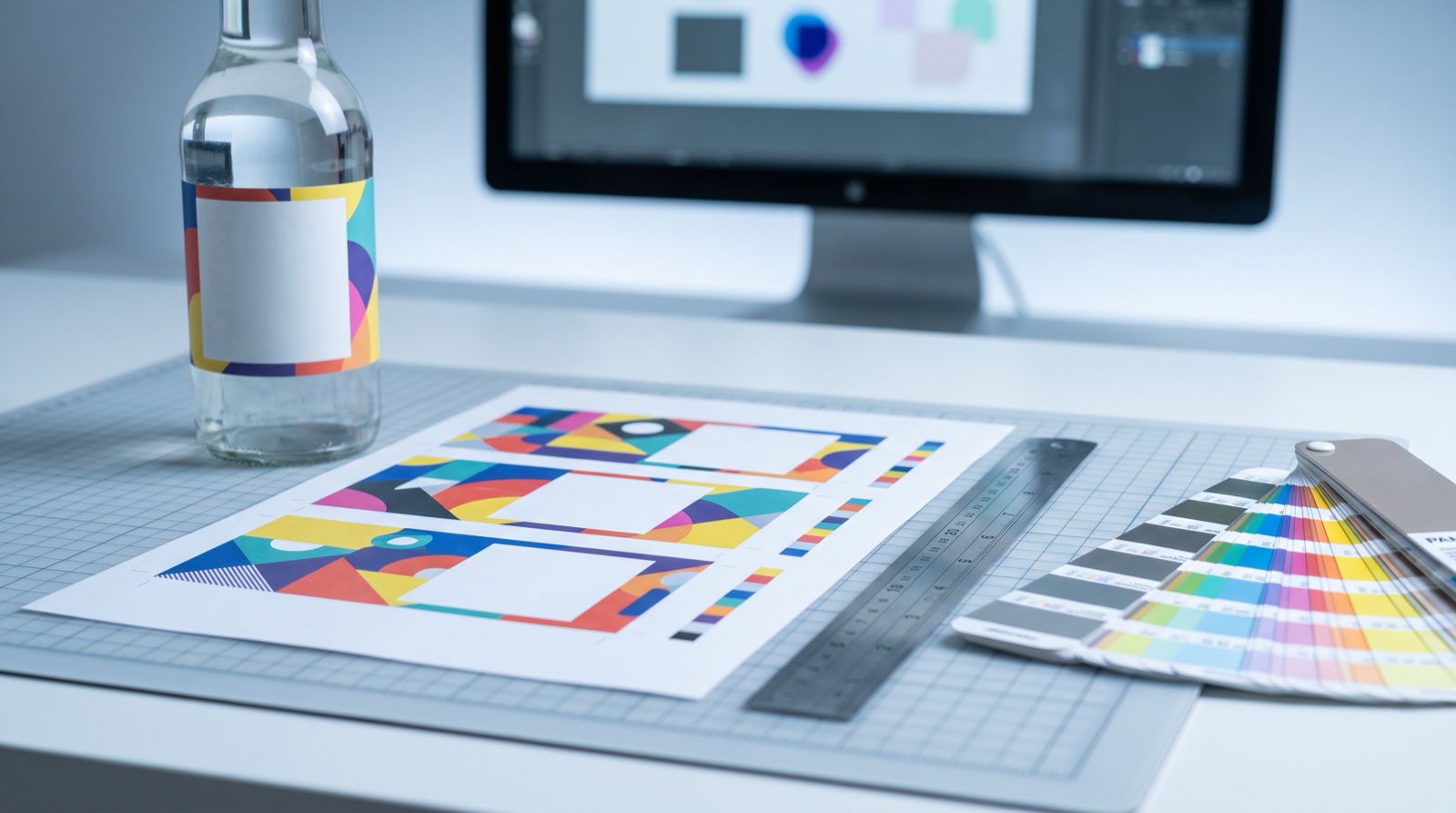 Label artwork proof checked against a bottle