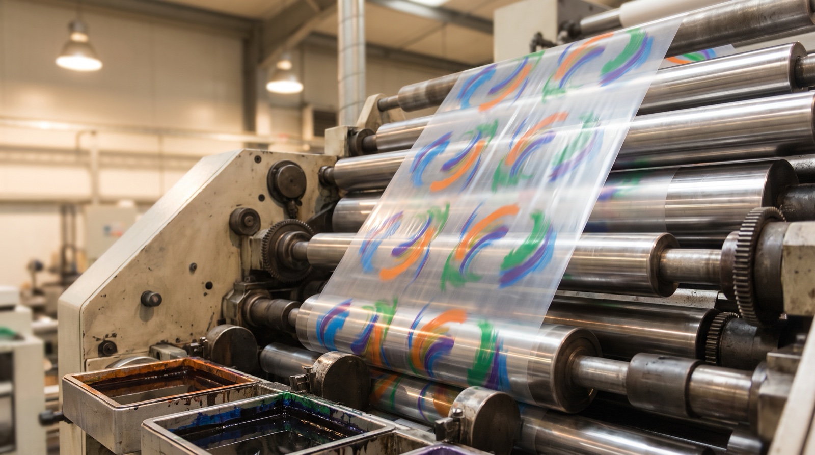 Rotogravure press printing artwork onto PVC film