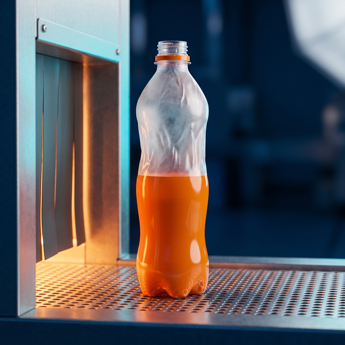 A bottle half-way through a heat tunnel, sleeve shrinking tight